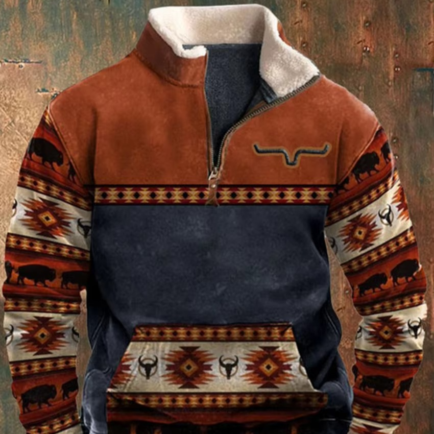 Men's retro 3D printed hooded jacket with faux leather collar, bold streetwear graphics, full-zip
