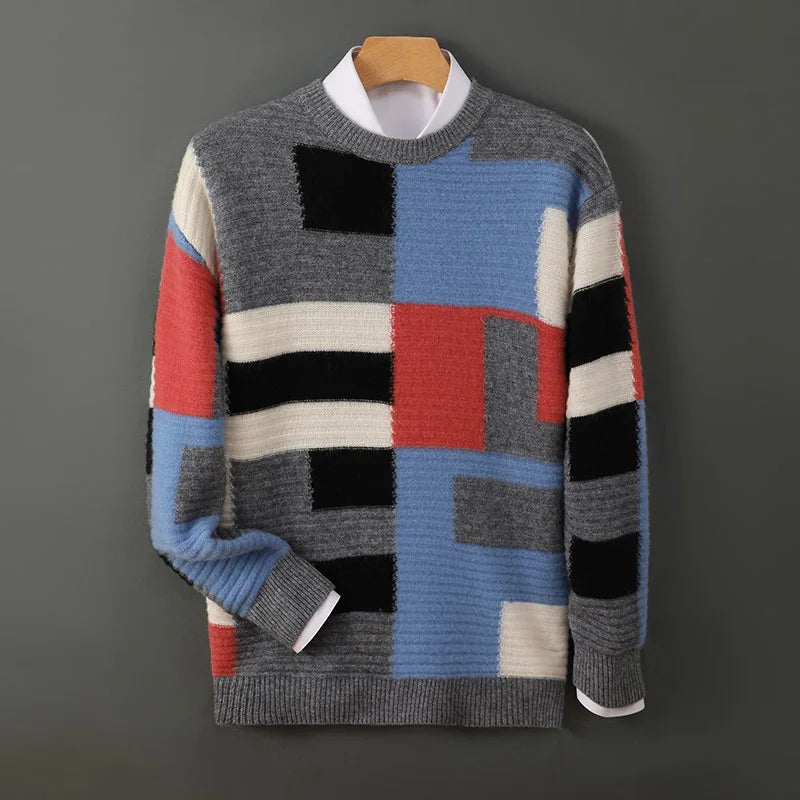Women's geometric patchwork knit sweater, retro color-block cozy fit with bold abstract pattern
