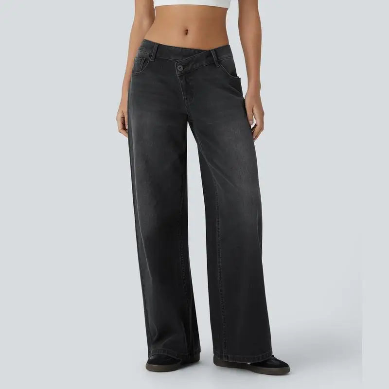 Women's baggy wide leg jeans low rise denim with asymmetric zipper pockets relaxed fit