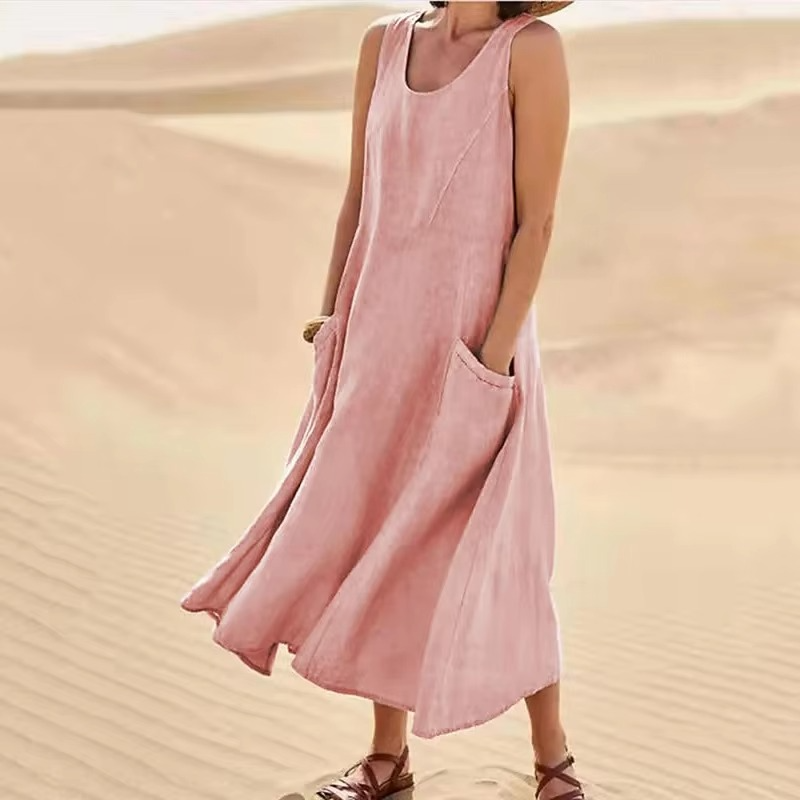Women's cotton linen maxi sundress loose fit sleeveless beachwear with pockets lightweight breathable