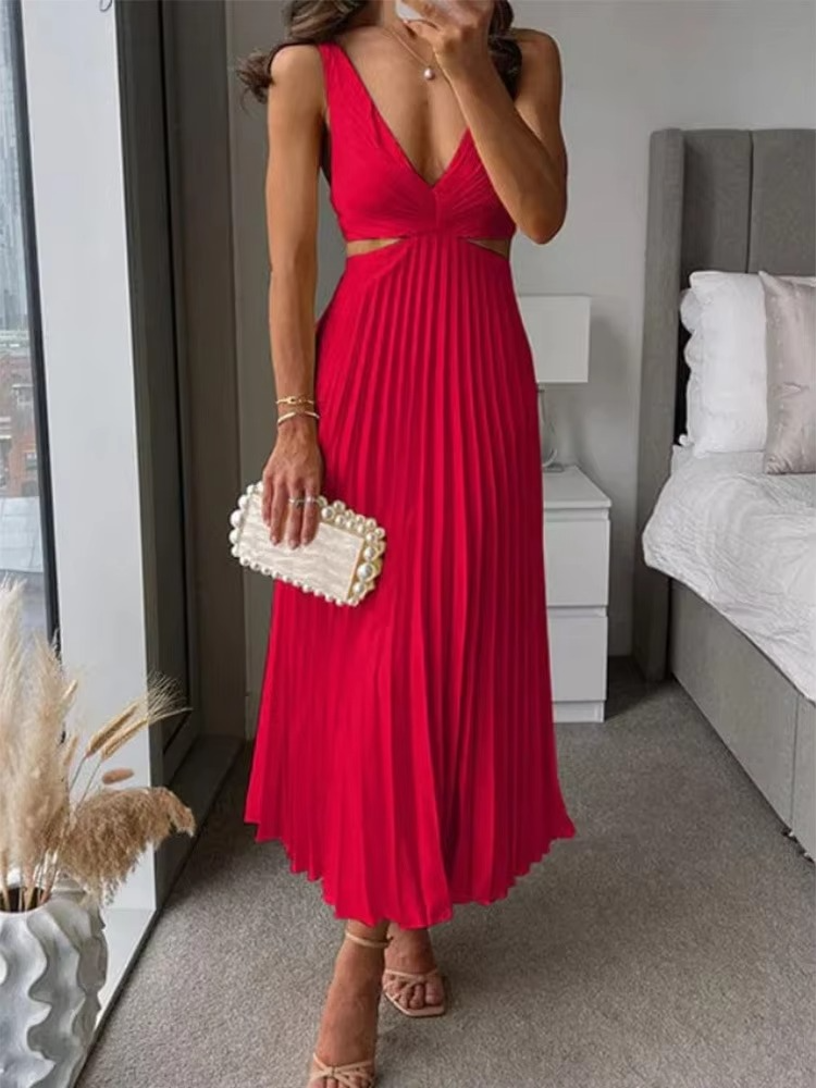 Sleeveless maxi dress deep V neck pleated high waist breathable soft fabric summer women