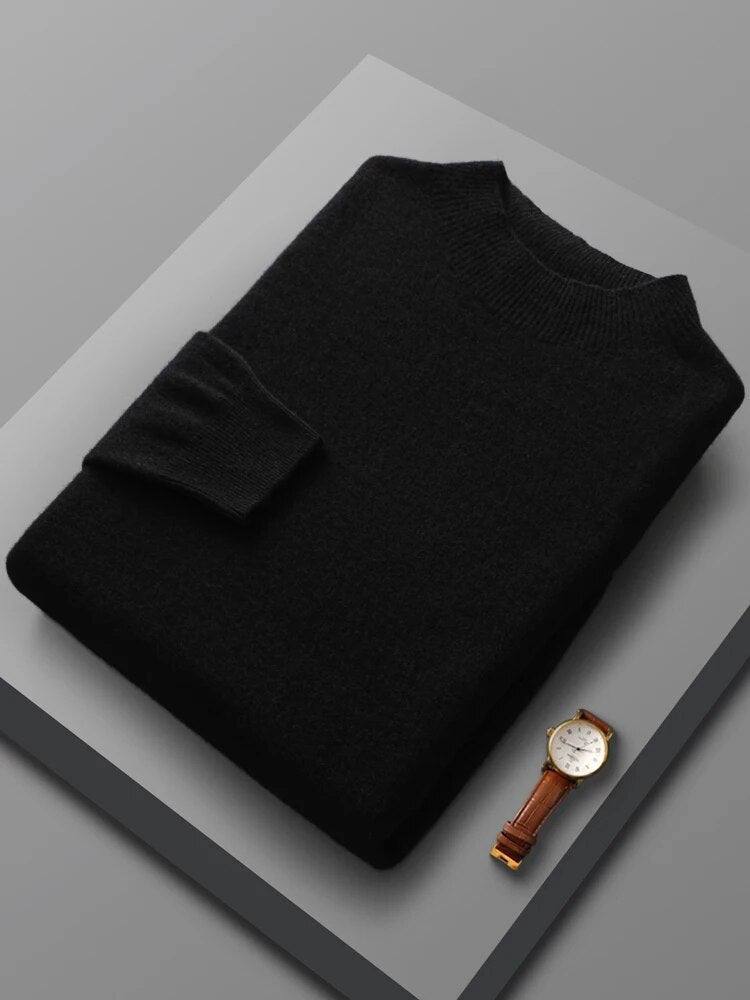 Men's ribbed crewneck wool sweater in neutral tone, cozy casual fit with vertical rib texture