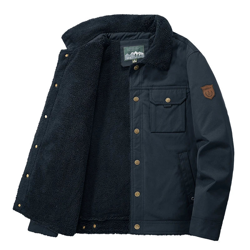 Lightweight insulated sherpa-lined ranger collar jacket with functional pockets for outdoor adventures