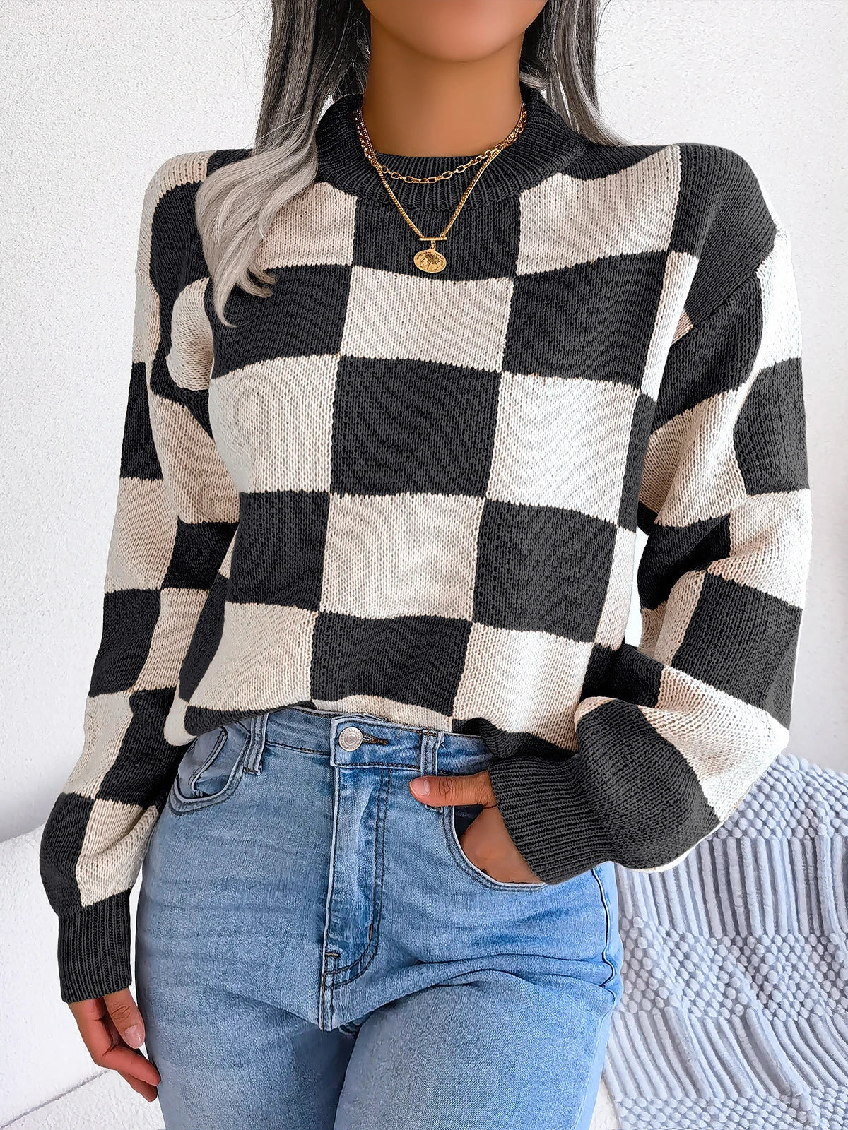 Violet checkered knit pullover sweater women Y2K hip-length cozy autumn winter layering essential
