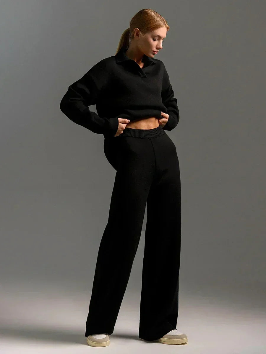 Beige knitted two-piece lounge set with long-sleeve polo top and wide-leg pants