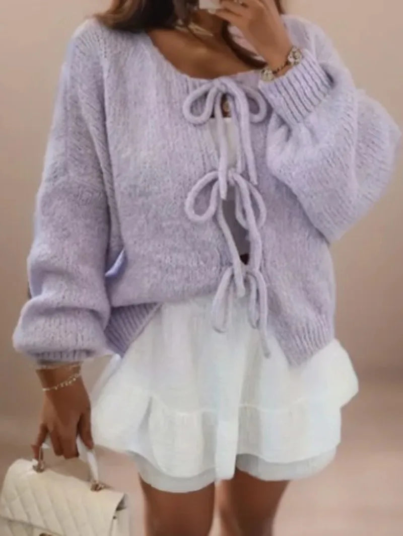 Women's cozy knit cardigan boho style relaxed fit with charming bow tie closure