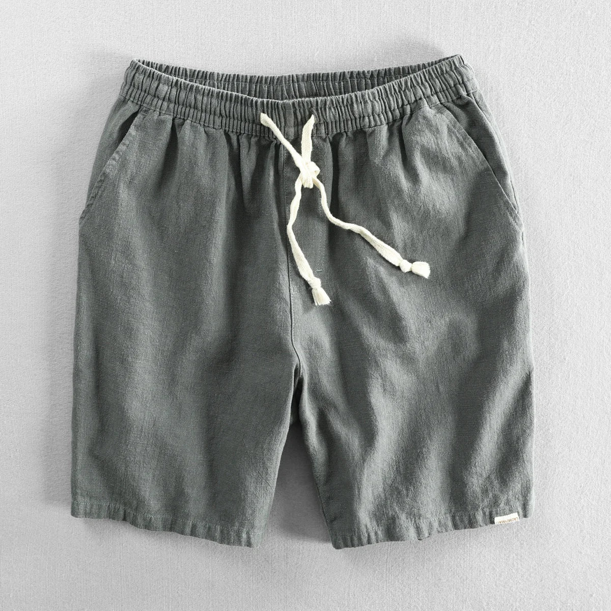Men's beige cotton linen shorts relaxed tailored fit with adjustable drawstring waist