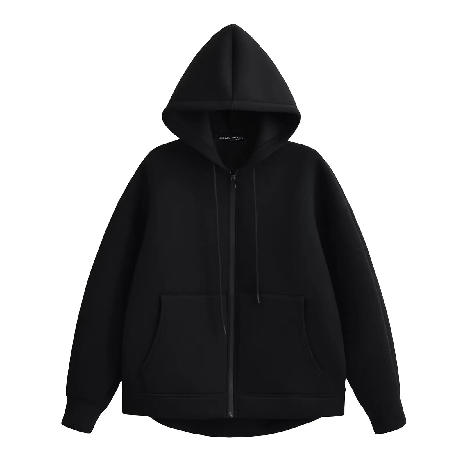 Women's relaxed fit zip-up hoodie in neutral tone with drawstring hood for layering warmth