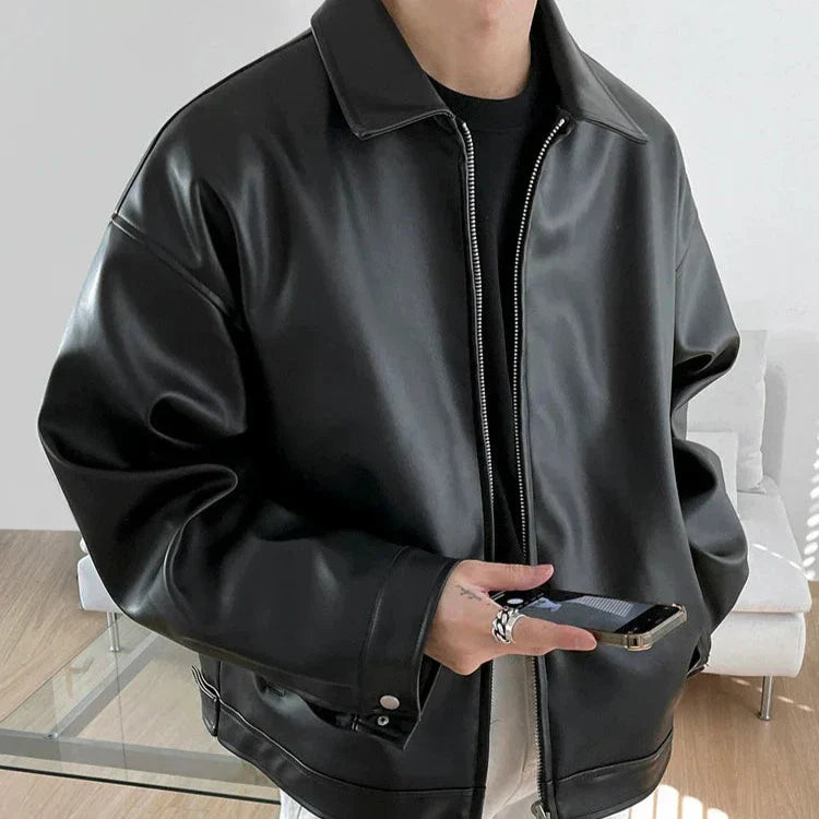Men's oversized black leather bomber jacket boxy silhouette bold minimalist streetwear edge