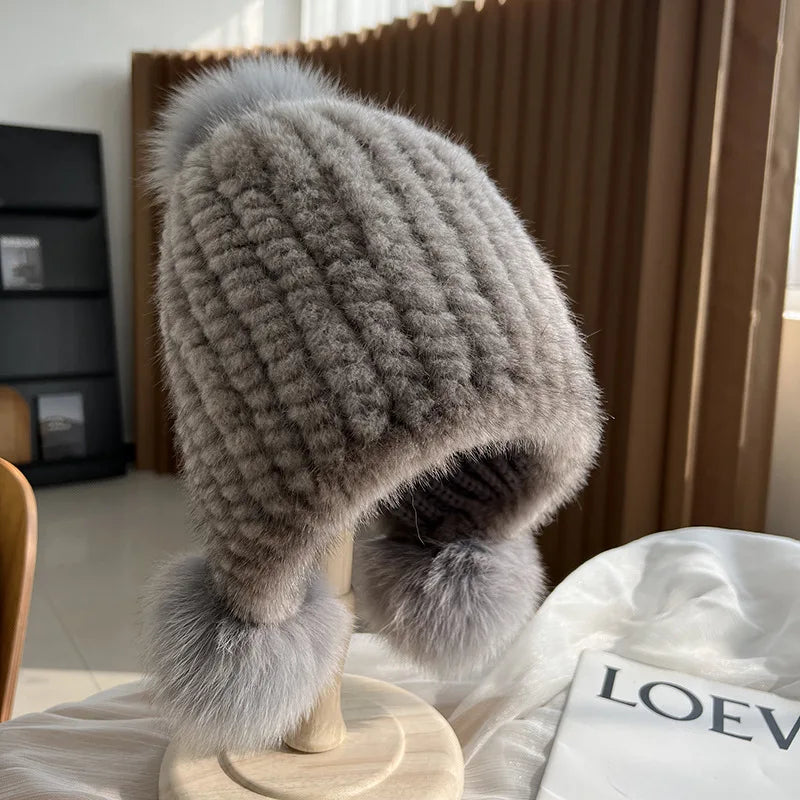 Women's ribbed knit beanie hat with fur trim pompoms, close-fit cozy winter style
