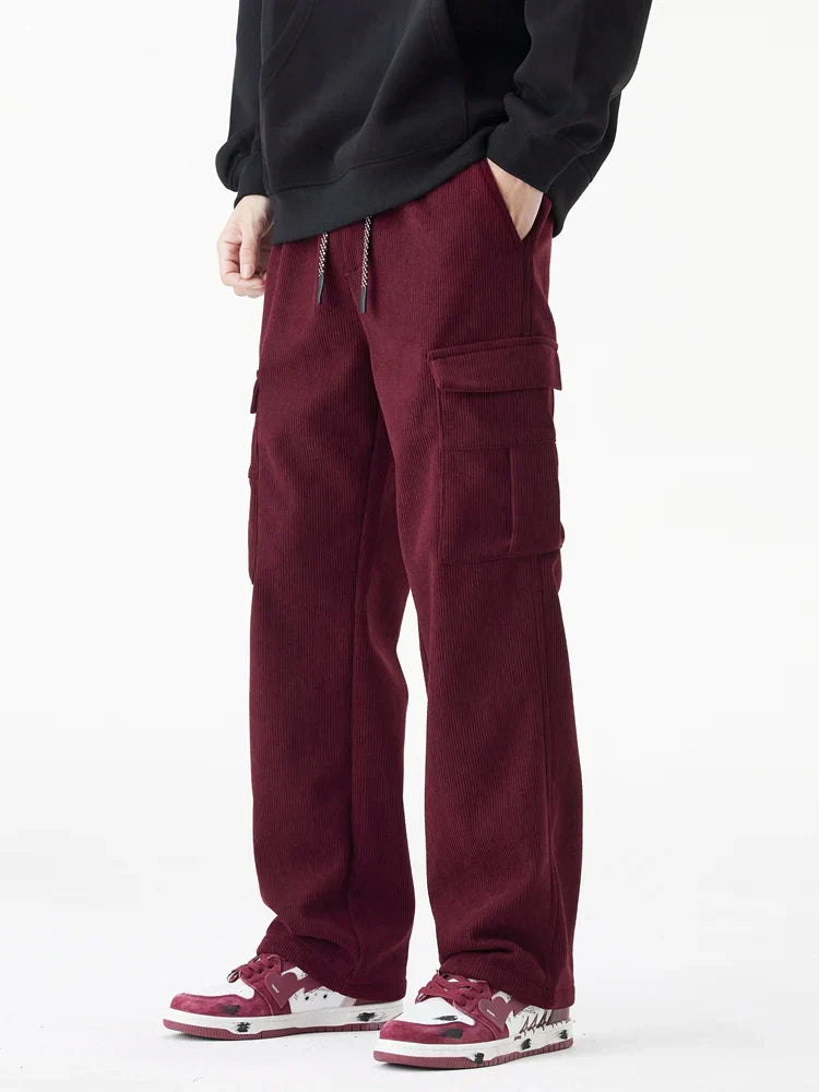 Men's brown corduroy fleece-lined cargo sweatpants relaxed fit with double-layer warmth