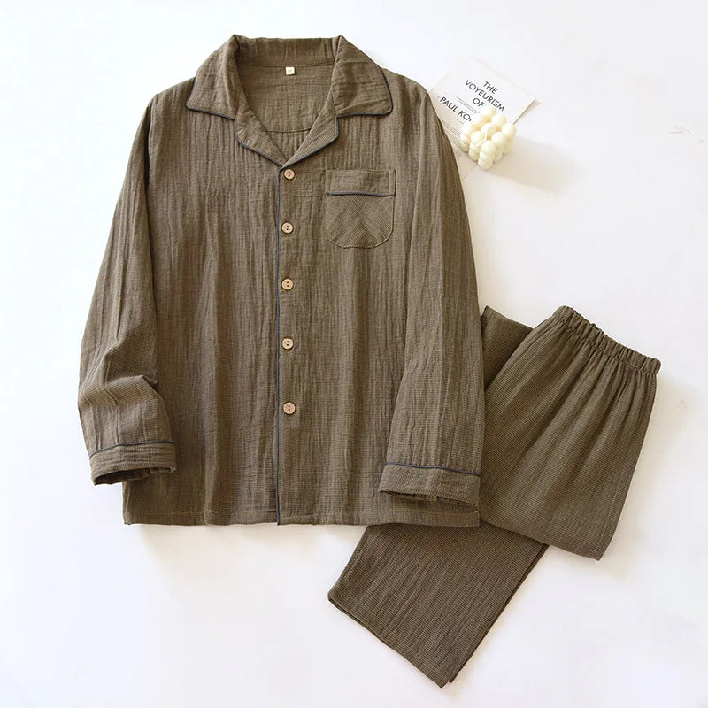 Women's cotton gauze pajama set in earthy plaid, oversized 2-piece lounge sleepwear with crease-textured finish
