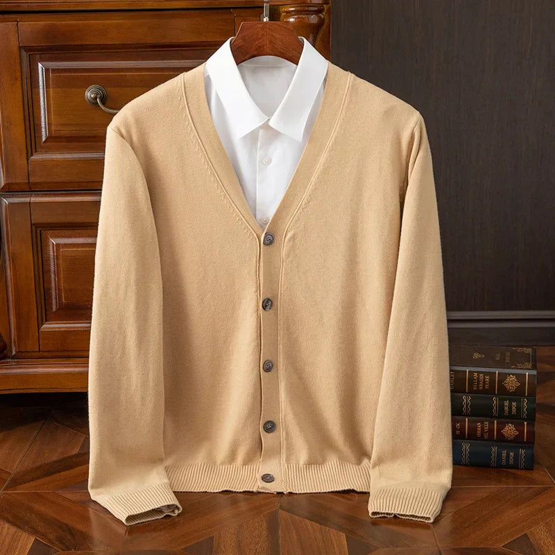 Men's grey cashmere wool blend V-neck cardigan relaxed fit with plush soft-touch fabric