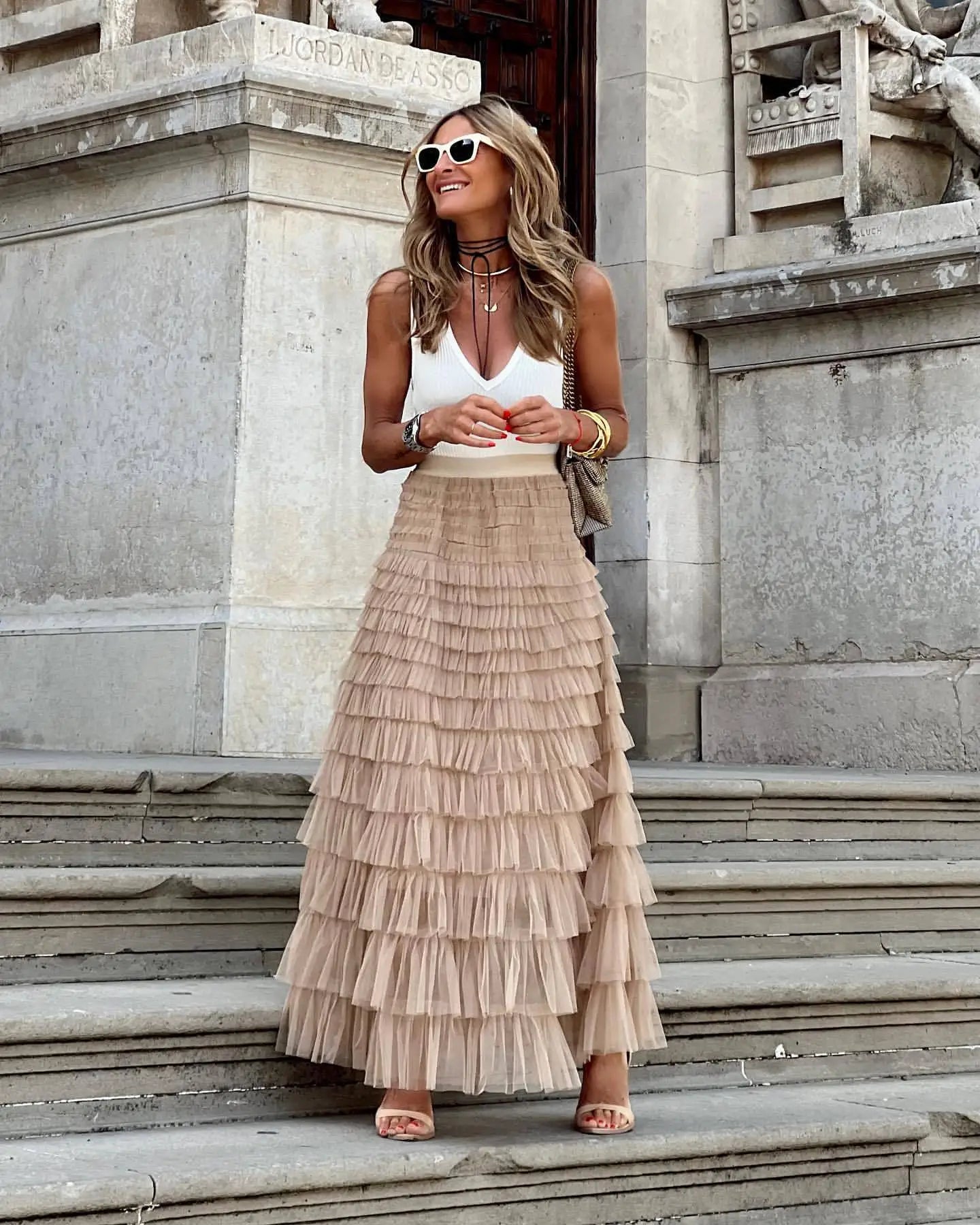 Women's tulle A-line midi skirt in elegant multi-layer design with flattering voluminous silhouette