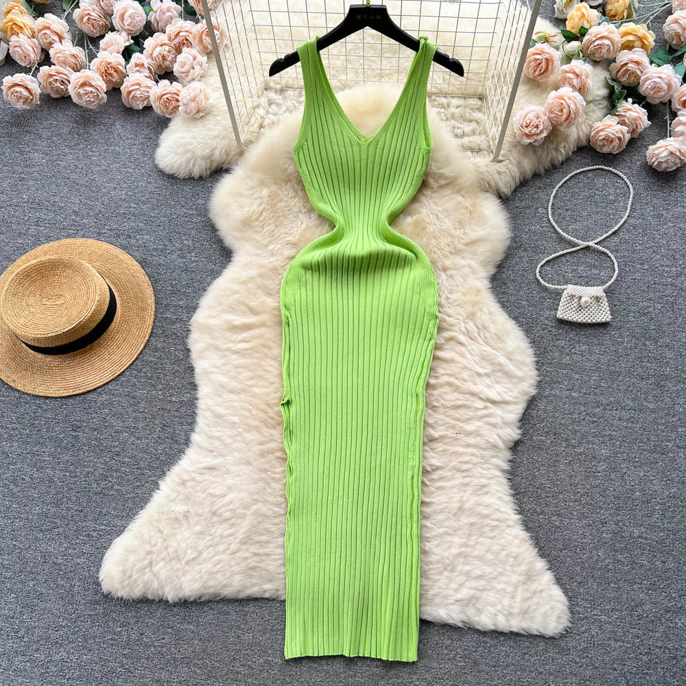 Louris ribbed knit midi dress black sculpted silhouette sleeveless evening wear women