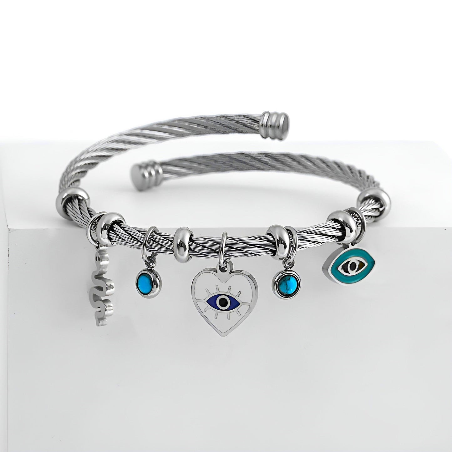 Turquoise evil eye amulet adjustable cable cuff bracelet tarnish-resistant sculpted bangle for women