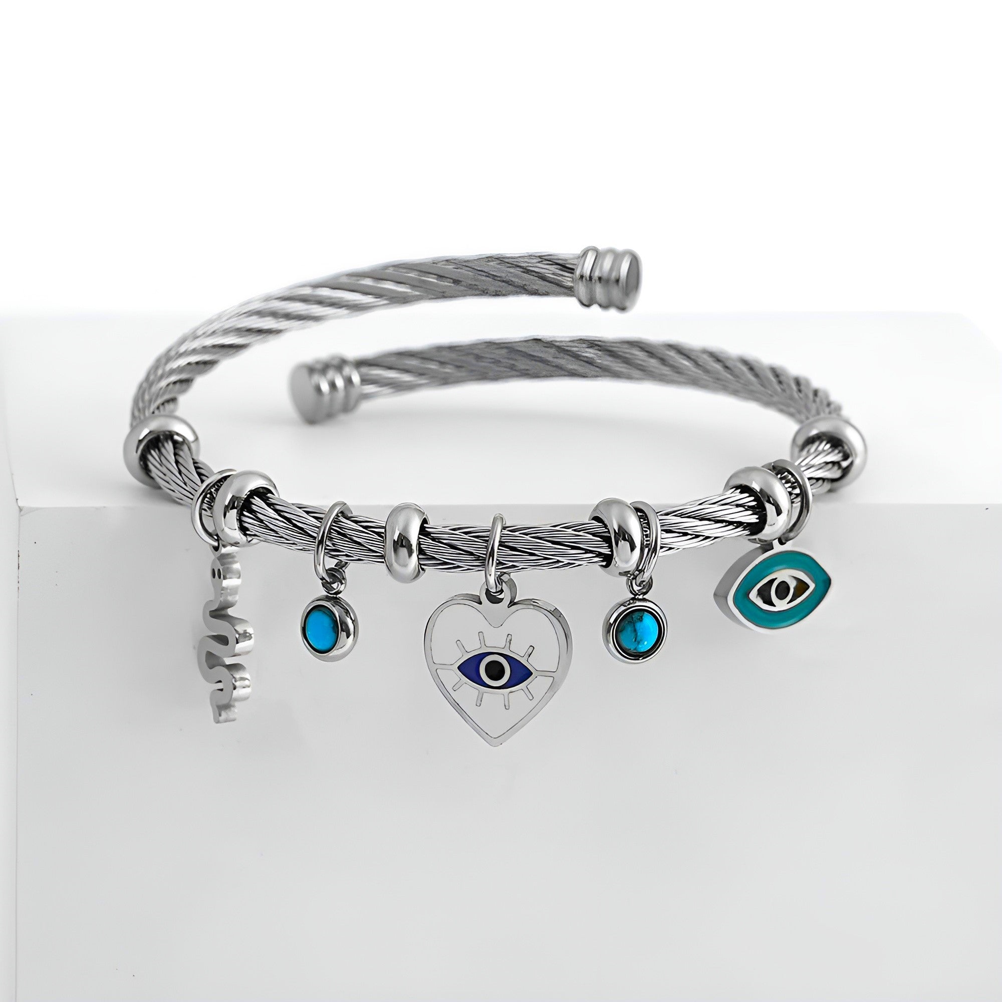 Turquoise evil eye amulet adjustable cable cuff bracelet tarnish-resistant sculpted bangle for women