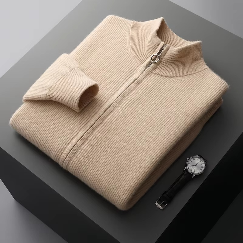 Men's charcoal wool zip-up cardigan stand collar smart casual slim knit sweater