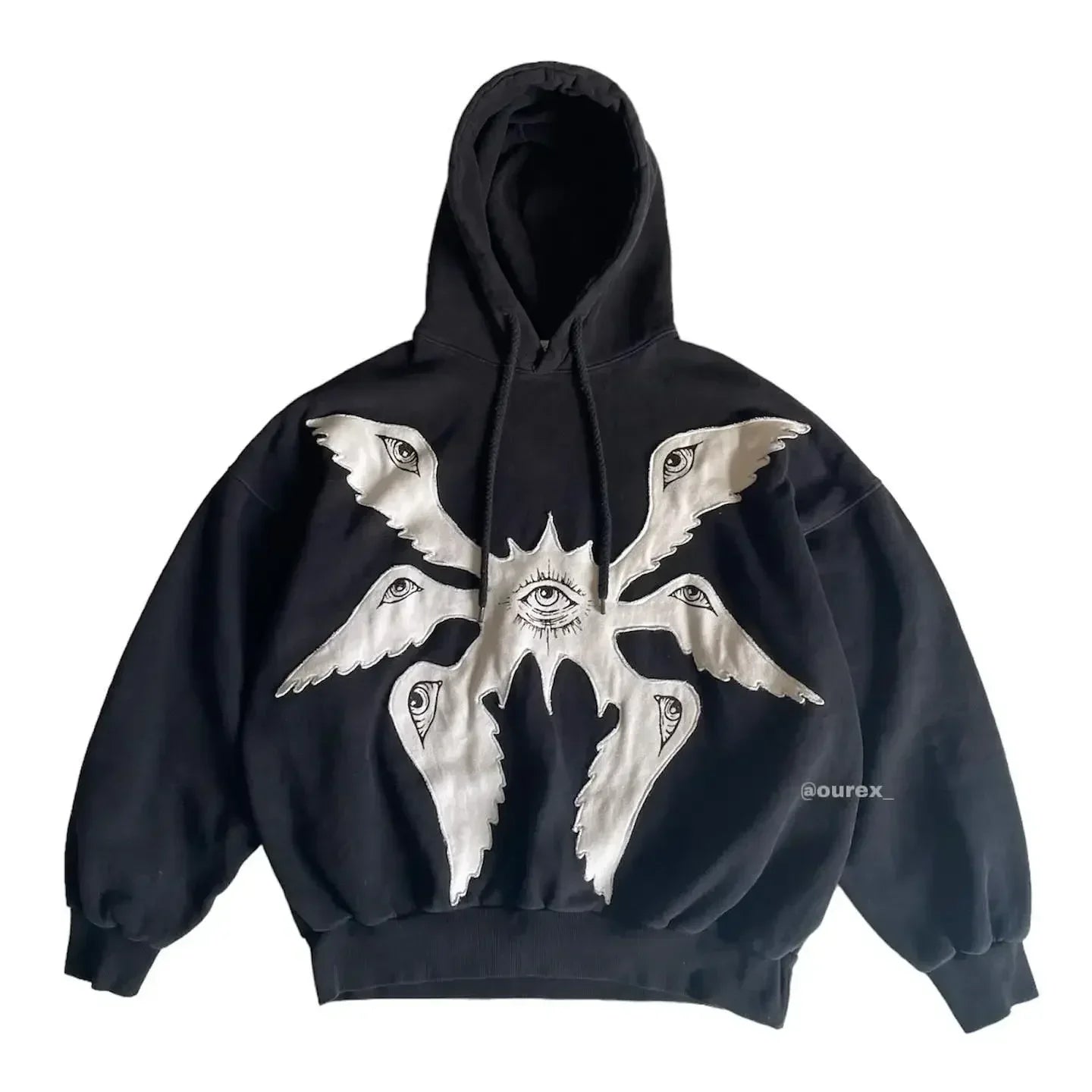 Men's black oversized hoodie with embroidered seraphim eye motif, fleece-lined cotton blend pullover