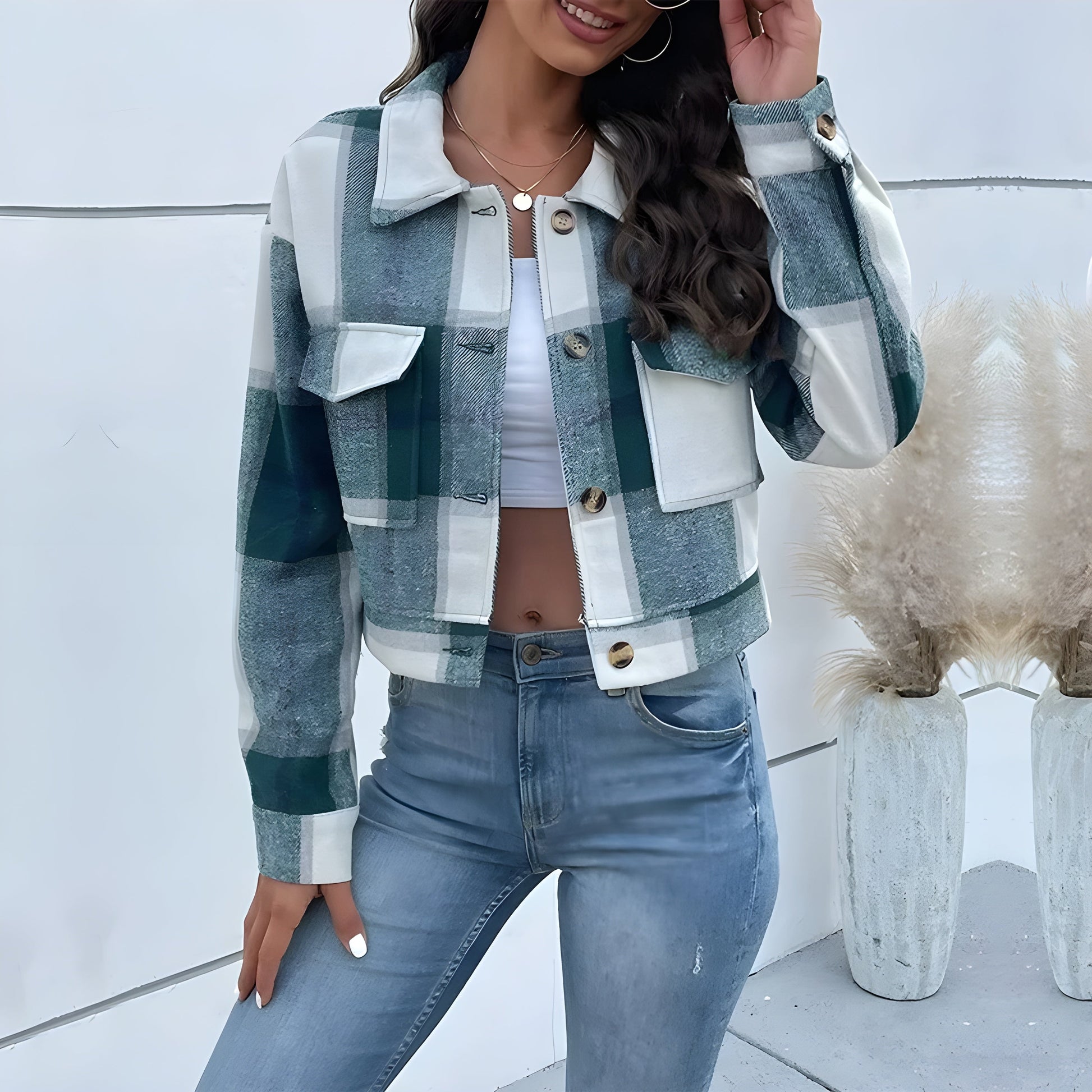 Women's cropped plaid-wash jacket with faux horn buttons, patch pockets, and soft shoulder collar