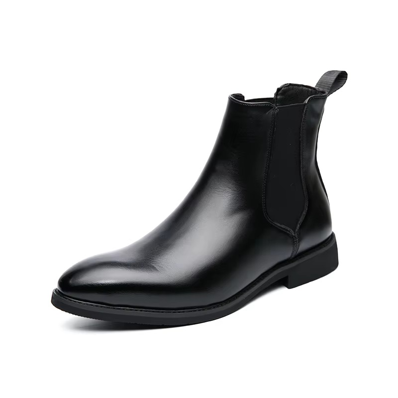 Men's brown PU leather Chelsea boots slip-on with elastic side panels for business casual wear