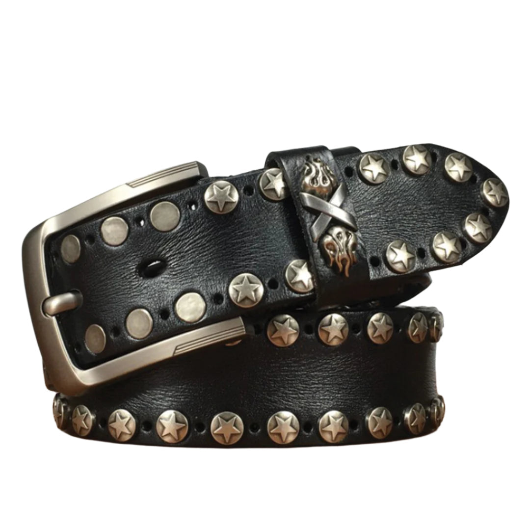 Genuine cowskin leather punk belt with studded pin buckle, edgy men's accessory