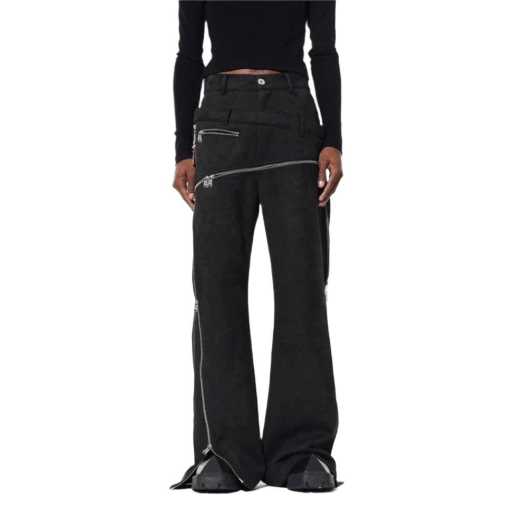 Relaxed suede vegan leather trousers with twill detail, stacked fit, grunge-inspired unisex streetwear