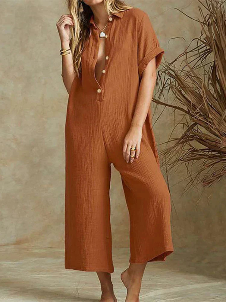 Women's relaxed fit cropped wide-leg jumpsuit cotton blend button front casual chic summer style