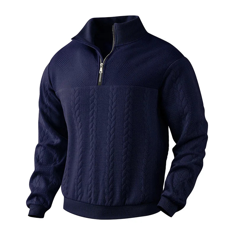 Men's cable knit quarter-zip sweater hip length regular fit with ribbed cuffs and textured pattern