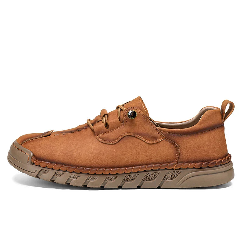 Men's brown split leather cross country sneakers with breathable upper and non-slip cushioned sole