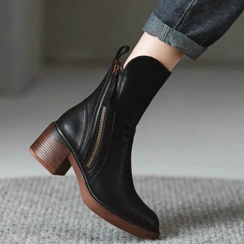 Women's tan leather ankle boots block heel square toe with tassel detail, all-day comfort style