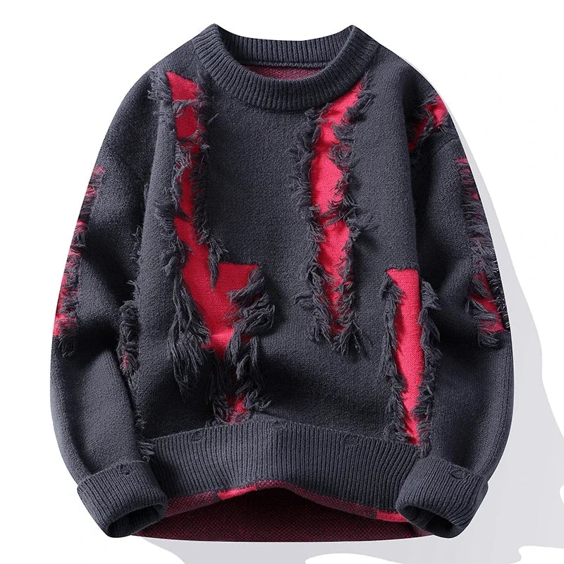Distressed frayed knit sweater relaxed fit streetwear style with layered color block detailing