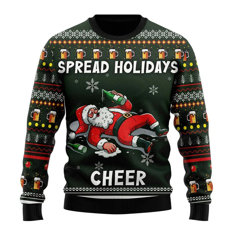 Men's red funny Christmas ugly sweater with playful festive holiday print, cozy crewneck winter style