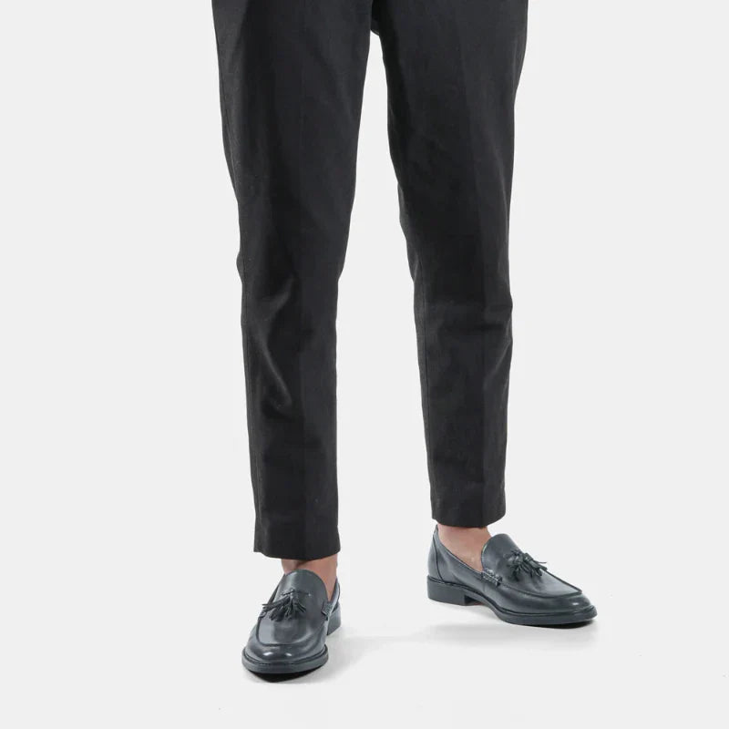 Men's gray vegan leather slip-on dress loafers with double tassel detail and all-day comfort sole