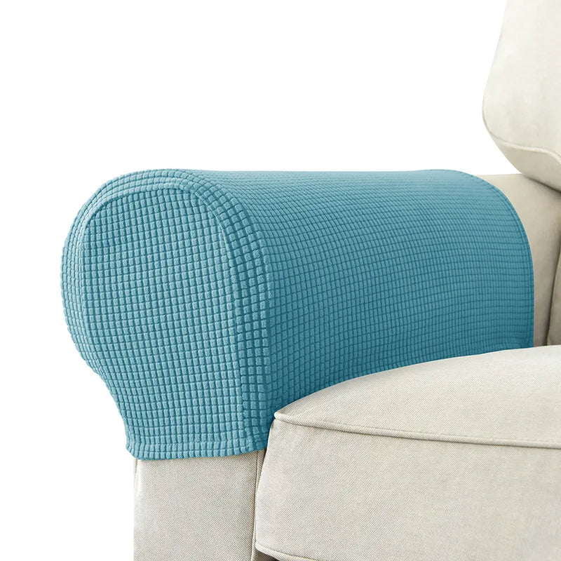 Gray textured stretch armrest cover for sofas, waterproof quilted polyester, modern living room style