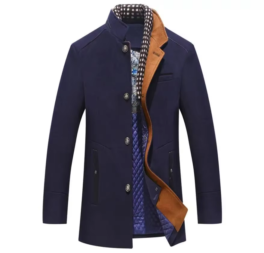 Men's charcoal wool blend insulated overcoat with distinctive scarf collar, slim-fit winter style