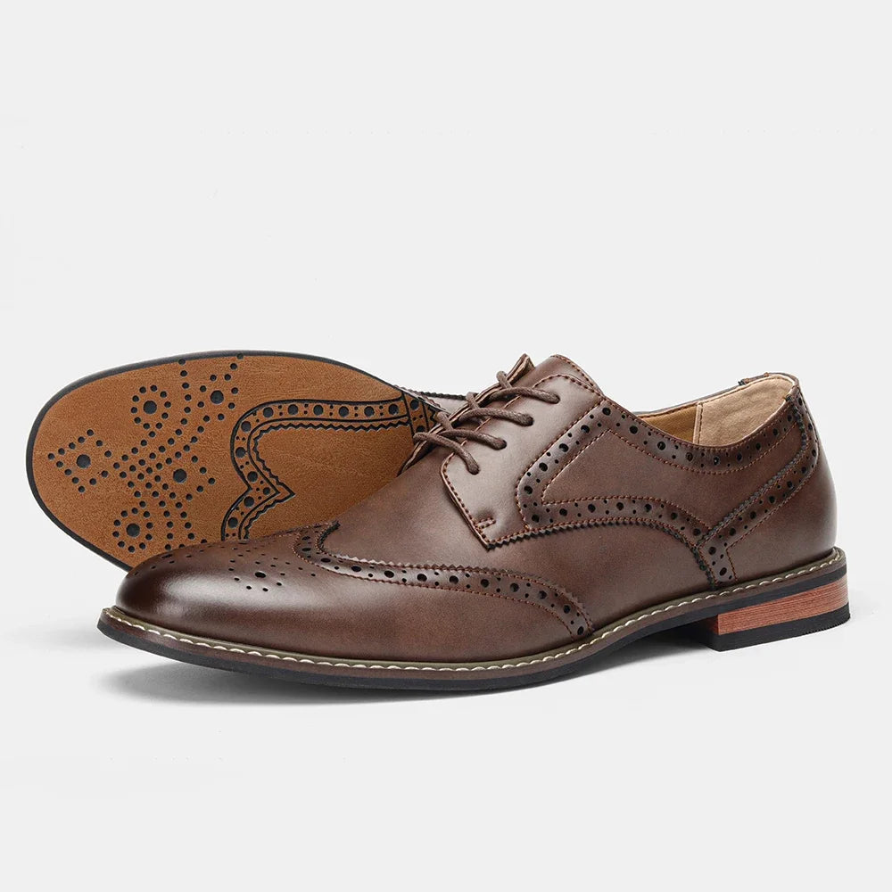 Men's burnished wingtip Oxford brogues in brown with perforated detailing, smart casual formal style