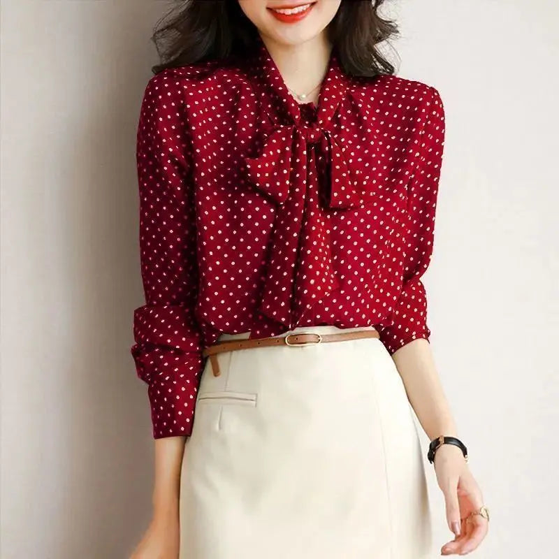 Women's lightweight blouse with shawl collar and bow accent, elegant everyday wear