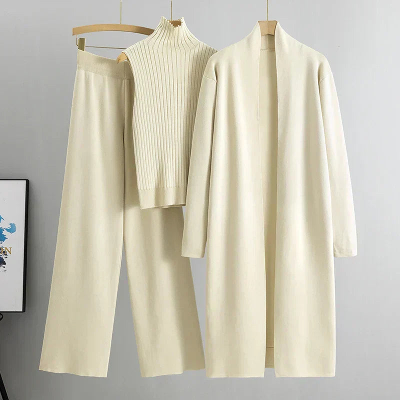 Jessica women's 3-piece cardigan set wide-leg pants ribbed sleeveless top elegant versatile comfort