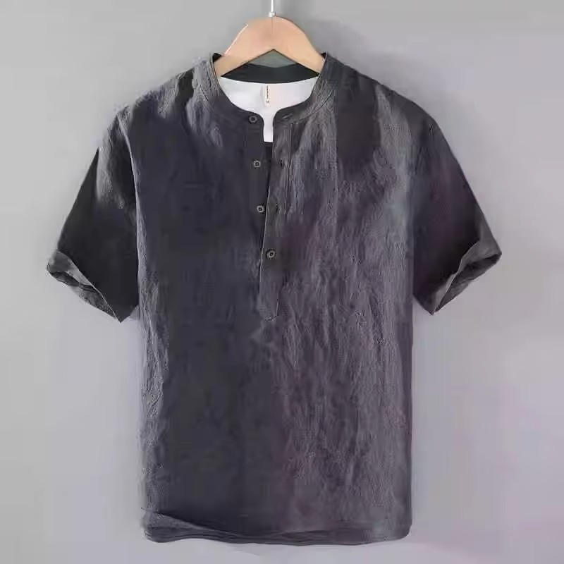 Men's cotton linen short sleeve shirt relaxed fit turn-down collar breathable beachwear casual top