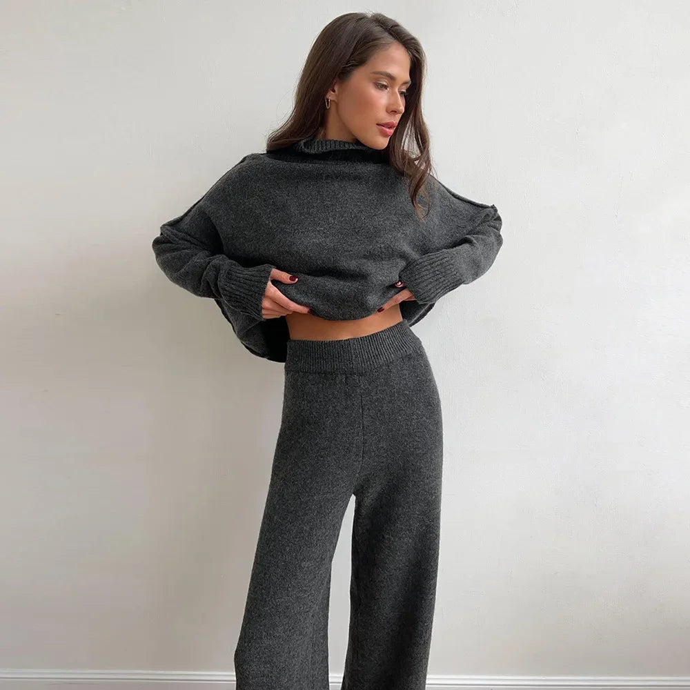 Women's fluffy turtleneck loungewear set wide leg pants ultra-soft thick warm two-piece