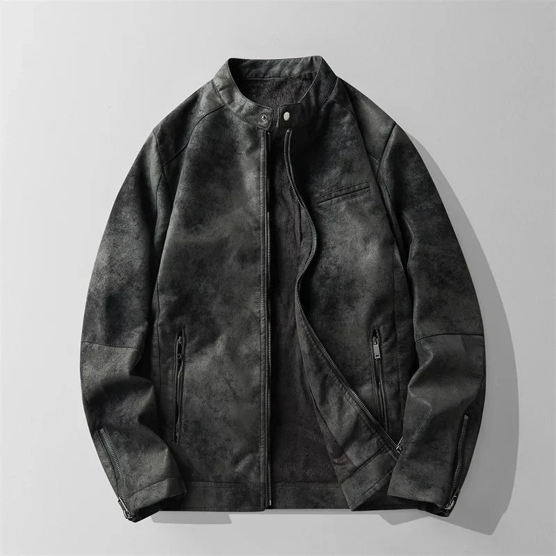 Distressed suede leather moto jacket slim fit retro style tan desert vintage motorcycle silhouette