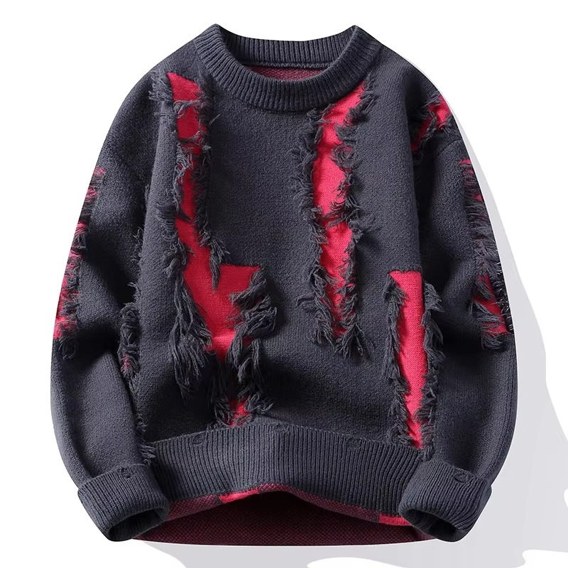 Men's distressed patchwork knit sweater loose fit crew neck pullover in neutral tones autumn casual style
