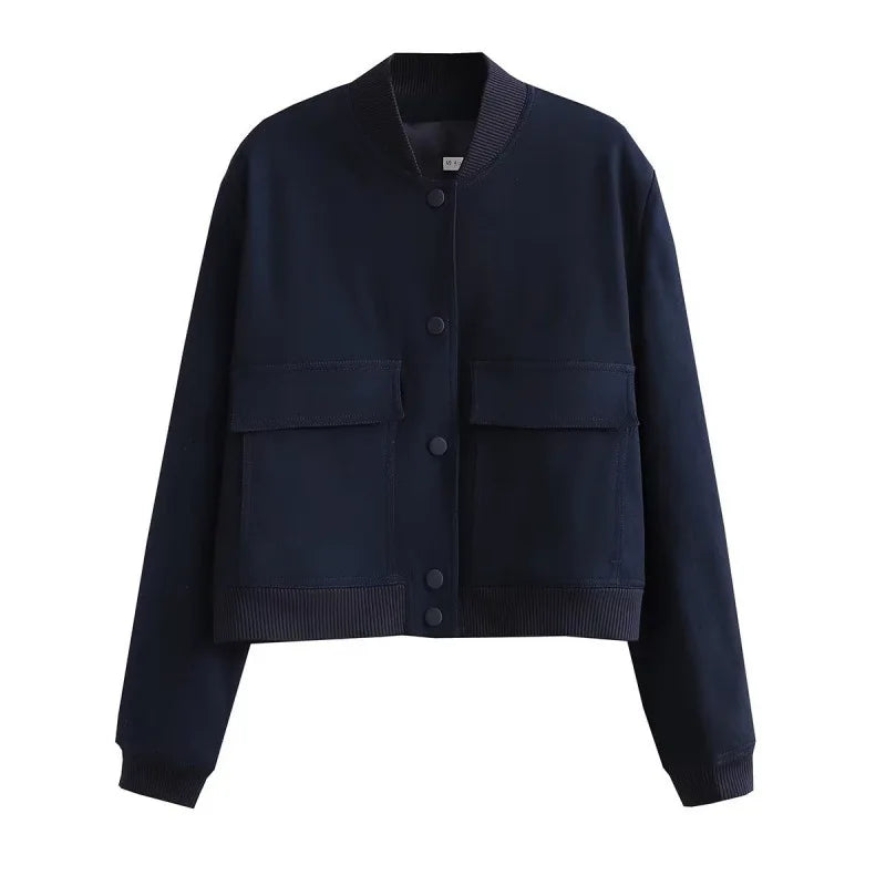 Clara women's casual bomber jacket with pocket front detail, minimalist silhouette for everyday elegance