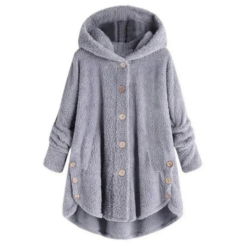 Women's hooded fleece jacket relaxed fit button-front plush texture pockets casual cozy warmth