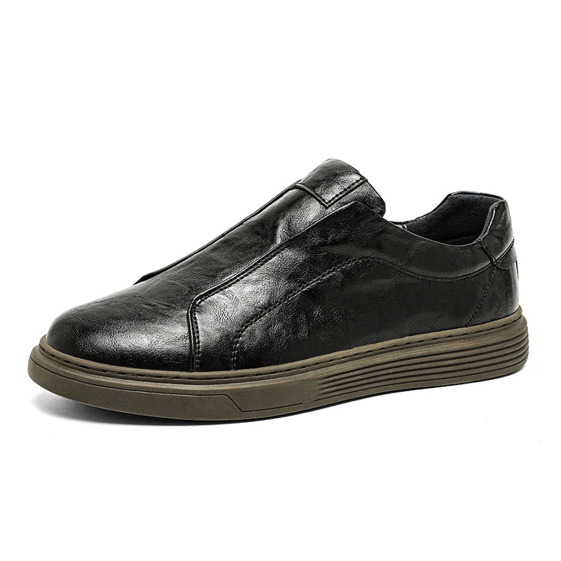 Men's brown faux leather slip-on loafers standard fit with ribbed sole and stitched detailing