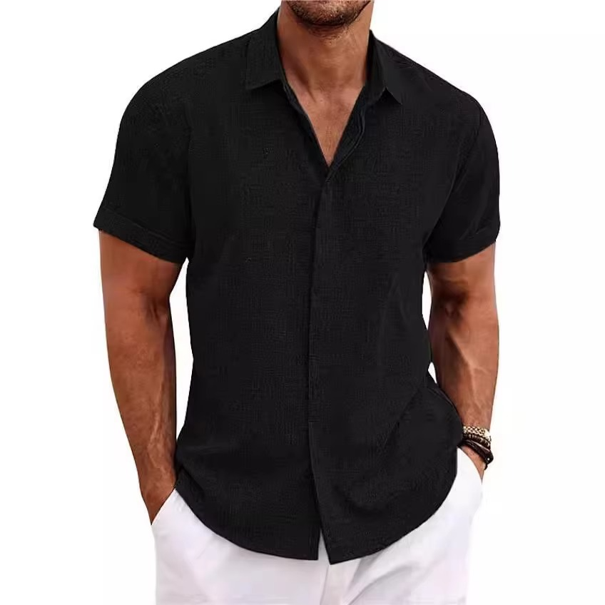 Men's short sleeve linen shirt lightweight breathable solid color classic collar relaxed summer fit