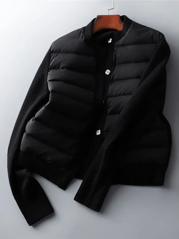 Women's quilted hybrid jacket comfortable fit with ribbed details and button front closure