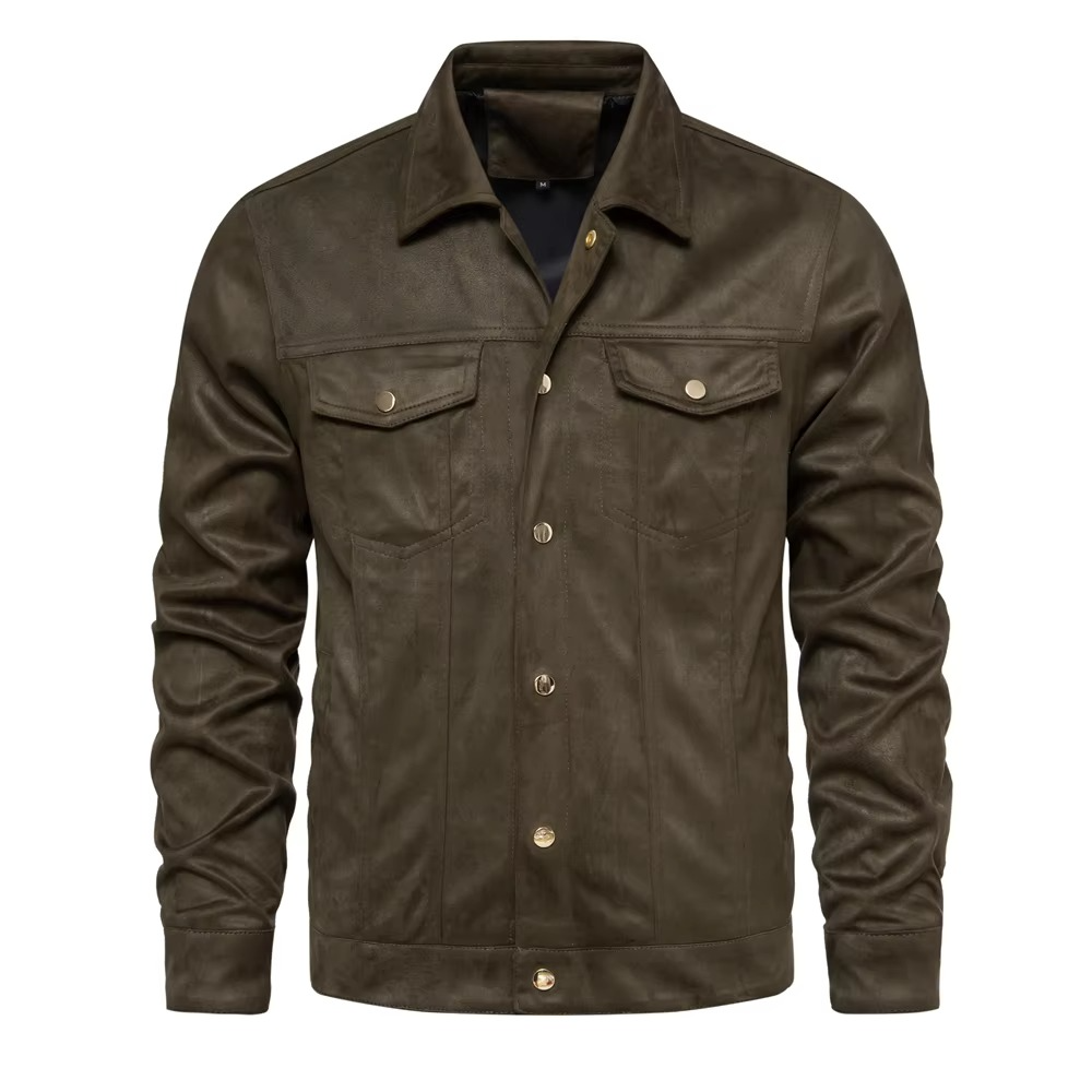 Men's brown suede leather winter jacket classic turn-down collar button closure tailored fit