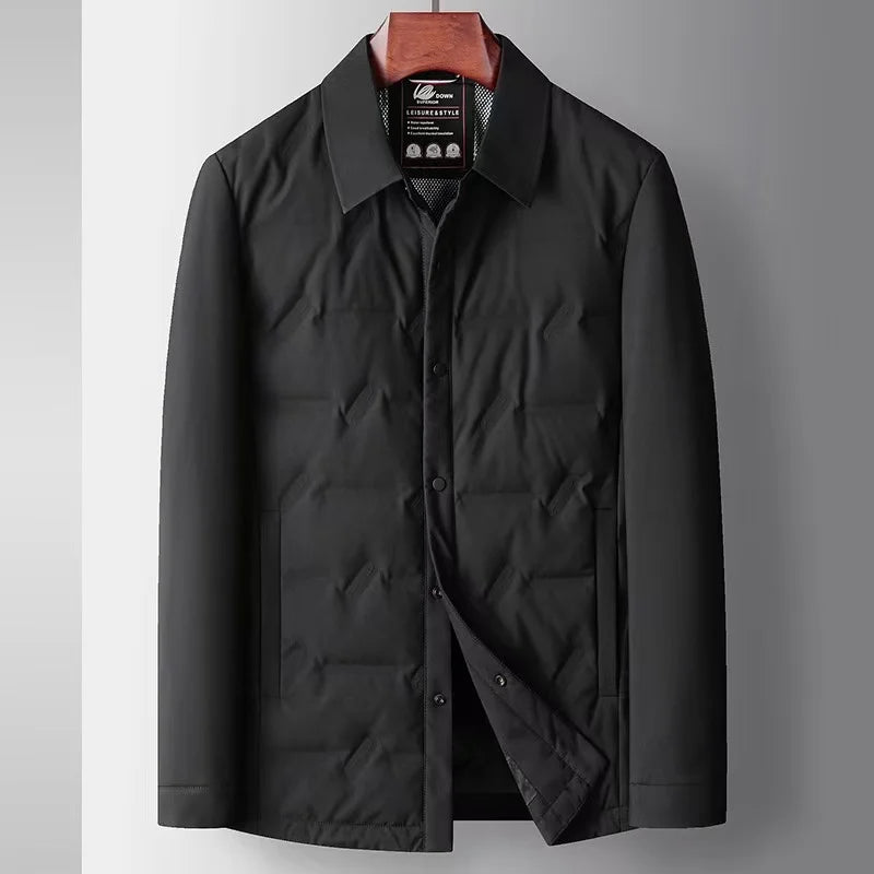 Nolan men's navy tailored-fit lightweight down jacket with subtle embossed pattern, waist-length silhouette